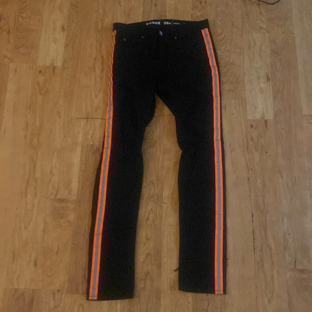 size 30w skinny fit black and orange rogue jeans